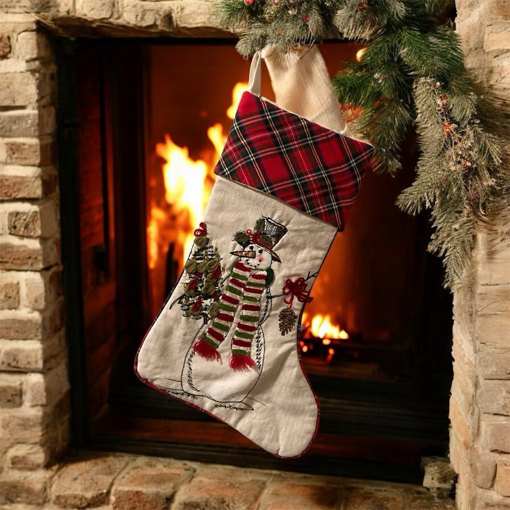 Pier‎ 1 Snowman Stocking Appliqué Christmas Plaid Cuff 3D Embroidered Beaded